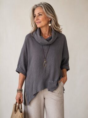La Fixsun 100% Linen Cowl Neck Tunic Gray High Low Relaxed Medium